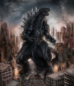 a godzilla standing on its hind legs in front of a cityscape with skyscrapers