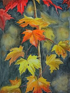 watercolor painting of autumn leaves on a tree branch with black background and gold frame