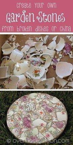 broken dishes are sitting in the grass with text overlay that reads create your own garden stones from broken dishes or china