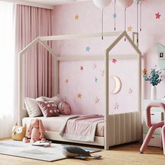 a child's bedroom with pink walls and stars on the wall, including a bed