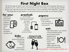 the first night box for kids is shown in this black and white poster with instructions