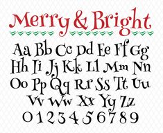 merry and bright font with christmas decorations on the bottom, in red and green letters