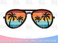 a pair of sunglasses with palm trees on the beach in front of an orange and blue sky