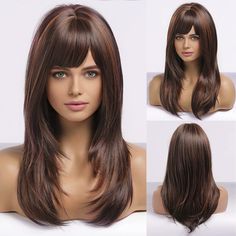 Brown Highlight Wig, Long Straight Layers, Highlight Wig, Color Wigs, Highlight Color, Blonde With Dark Roots, Wigs Synthetic, Natural Wigs, Hair Medium