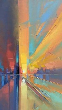 an abstract painting of buildings and sky