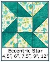 the eccentric star quilt block is shown in blue and green colors, with yellow flowers on it