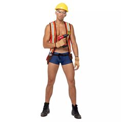 - Includes Helmet, Vest, Tool Belt with Select Tools, Trunks, and Gloves - Glasses, Drill, & Select Tools Not Included - Are you ready to unleash your inner handyman and stand out at your next costume party?  - Look no further than our authentic 5PC Men's Construction Costume! Crafted with attention to detail, this costume will transport you straight to the construction site, making you the life of the party. - This complete costume set includes everything you need to create a convincing construction worker look. Construction Costume, Halloween Costumes For Guys, Costumes For Guys, Scene Clothing, Reflective Vest, Cute Couple Halloween Costumes, Rockabilly Outfits, Halloween Men, Mens Halloween Costumes