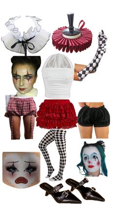 a collage of various costumes and accessories including shoes, hair, makeup, headpieces