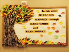 a bulletin board with leaves on it and a tree made out of construction paper that says, in this place mr braces happen through hard work and team work