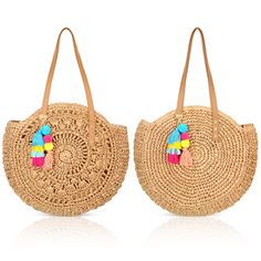 PRICES MAY VARY. Satisfy Your Decoration Needs: you will get 2 pieces of straw handbags for summer and 2 pieces of colored pompom tassel key chains; The straw bags have different styles to meet your summer matching needs Stylish Style: boho beach bag is woven by straw, which looks very retro; The bohemian hollow design makes the beach bag look natural, chic and casual, and girls will like it very much Size Details: the woven bags for women have a large size, about 17.7 inches/ 45 cm in width, 14 Woven Beach Bag, Round Straw Bag, Boho Tote Bag, Boho Tote, Summer Tote Bags, Summer Tote, Straw Tote Bag, Straw Handbags, Straw Bags