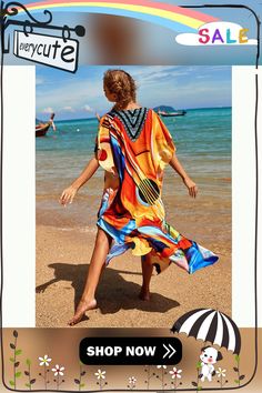 Orange Graffiti Loose Beach Kimono Dress Summer Multicolor Print Dresses For Beach Season, Summer Dresses With Multicolor Print For Beach Season, Summer Dresses In Multicolor Print For Beach Season, Multicolor Print Summer Vacation Dress, Multicolor Print Summer Dress For Vacation, Summer Vacation Dresses In Multicolor Print, Casual Multicolor Print Vacation Dress, Multicolor Print V-neck Beach Dress, Colorful Summer Vacation Dresses