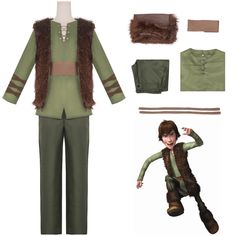 an animated character is dressed in green and has brown fur around his neck, pants, and head