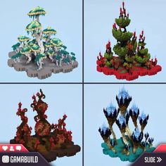 four different types of plants and trees in legos