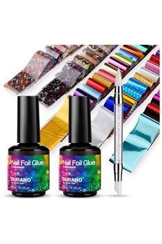 BURANO Nail Art Foil Glue Gel, 15ML 2 Bottles with 60PCS Foils Sticker, Nails Designer Adhesive Transfer Art UV LED Lamp Required Sticker Nails, Transfer Art, Nails Designer, Uv Nail Lamp, Glitter Gel Polish, Transfer Foil, Uv Nails, Foil Nails, Pedicure Nail Art