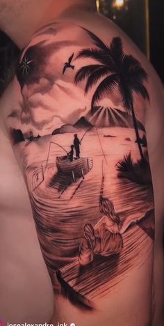 a man with a boat and palm trees on his shoulder is shown in this tattoo design