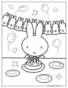 a cartoon bunny sitting on top of a cake with balloons in the sky behind it