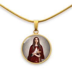 St. Mary Magdalene Pendant Necklace Commemoration Necklace With Large Round Pendant, Adjustable Gold Cabochon Necklace, Nickel Free Round Pendant Necklace For Commemoration, Jesus Tomb, St Mary Magdalene, Maria Goretti, Spiritual Warrior, Lady Of Fatima, Mary Magdalene