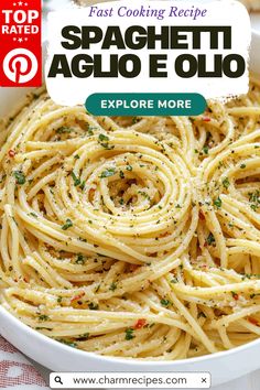 spaghetti in a white bowl with text overlay that reads fast cooking recipe spaghetti aclio e ollo explore more