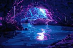 a cave filled with purple rocks and water under a bright blue sky at night time