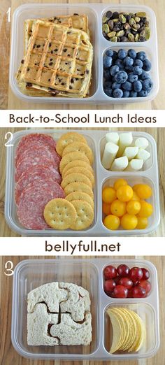 four different lunches in plastic containers with the words back - to - school lunch ideas on them