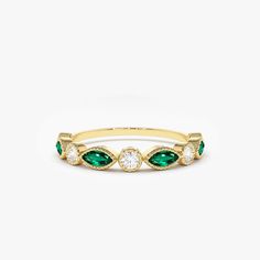 14k Marquise Emerald and Diamond Wedding Band 14K Gold Ferkos Fine Jewelry Gold Armband, Diamond Wedding Ring, Diamond Wedding Band, Emerald Jewelry, Sapphire Jewelry, Gold Wedding Band, Diamond Color, Marquise Cut, Favorite Rings