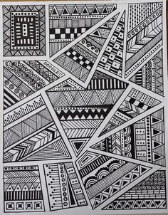 a black and white drawing on paper with geometric designs in the middle, as well as lines