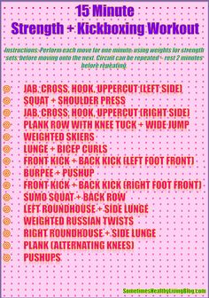 the 15 minute strength and kickboxing workout plan is shown in pink, with instructions for