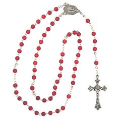 Go radiant with this ruby red rosary, a great addition to your religious gifts! Perfect for a baptism, First Communion or July birthday, this high-quality rosary will definitely stand out with the vibrant red faux ruby beads. Find even more birthstone gifts and faith-based presents elsewhere on this website. Metal. 18 3/4" Handmade Red Cross Rosary, Adjustable Red Rosary With Round Beads, Adjustable Red Rosary, Red Rosary, Mexican Style Dresses, Garnet Rosary, Aesthetic Scrapbook, Rosary Tattoo, Custom Rosary