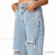 Lasaky - Denim Blue Distressed Wash Straight-Leg Jeans Light Wash Ripped Denim Flare Jeans, Ripped Light Wash Denim Flare Jeans, Washed Blue Ripped Cutoff Jeans, Ripped Washed Blue Cutoff Jeans, Light Wash Ripped Cropped Cutoff Jeans, Blue Distressed Cropped Jeans With Relaxed Fit, Relaxed Fit Blue Ripped Jeans, Relaxed Fit Ripped Blue Flare Jeans, Relaxed Fit Blue Ripped Flare Jeans