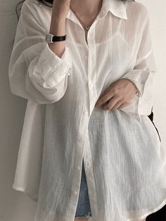 Lightweight Sheer Long Sleeve Blouse - AnotherChill White Long Sleeves Outfit Casual, Camp Photoshoot, Sheer Shirt Outfits, Sheer White Shirt, Y2k Party Outfit, Fire Clothes, Y2k Party, Jeans Outfit Summer, Crop Top Dress