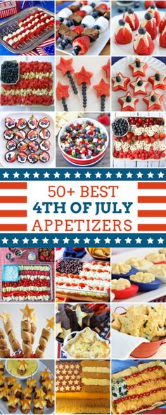 the cover of 50 best fourth of july appetizers, with pictures of patriotic food