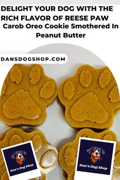 three dog paw cookies on a plate with the words, delight your dog with the rich flavor