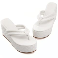 PRICES MAY VARY. ➤HEIGHT: The platform measures approximately 3.5 inches. ➤DESIGN: The slip-on high platform wedges is covered in a quilted pattern and wide upper straps, which are stitched to create a trendy puffy look and feeling for you. Available in 4 colors, you can choose any pair of shoes you like best. Let these flip flop sandals bring you summer fun. ➤FEATURES: These chic wedge slides sandals are composed of high quality material, eco-friendly fuax leather, round open toe, wide upper st White Beach Sandals, Sandal Png, Sheep Outfit, White Platforms, Shoes Png, Wedge Slides, Cute Flip Flops, White Flip Flops, Casual Wedges