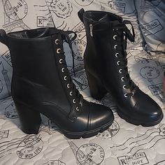 The Classic Combat Boot Silhouette Takes On New Heights With The Vega Heeled Boot. The Lace Up Design Features Metallic Eyelets And A High Block Heel With Trendy Lug Sole Bottom Nwot Sz11 Black Witch Boots, Nessa Concert, Boot Silhouette, Witch Boots, Lace Up Combat Boots, Combat Boot, Nine West Shoes, Moto Boots, Lug Sole