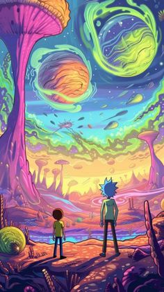 two people standing in front of an alien land with trees and planets on the background