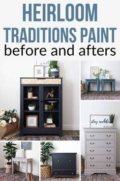 the before and afters of an old dresser painted in black, white and blue