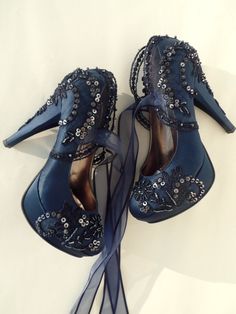 "Navy blue lace embellished wedding shoes for bride or bridesmaids, custom heel heights available. These navy wedding heels will be an elegant \"something blue\" on your big day! Custom wedding gift, personalized engagement gift, gift for her. Navy blue satin bridal shoes are designed with embroidered lace. Navy beads and shiny sequins are used on the embroidery and organza ribbons tie on the front. They are made of soft smooth satin and delicate lace, each handmade item is unique and can differ Embellished Wedding Shoes, Navy Blue Wedding Shoes, Royal Blue Wedding Shoes, Lace Bridal Shoes, Lace Wedding Shoes, Navy Wedding Shoes, Custom Heels, Converse Wedding Shoes, Wedding Shoes Sandals