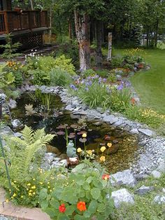 a small pond in the middle of a garden with rocks and flowers around it, surrounded by greenery