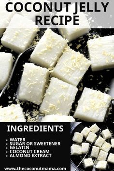 ingredients for coconut jelly recipe including sugar, water, and sweetener are shown on a black plate