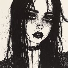 a black and white drawing of a woman's face with blood dripping all over it