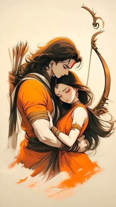 a couple hugging each other with an arrow in the background