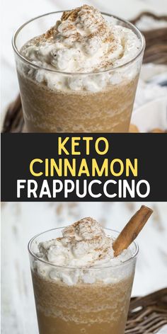 keto cinnamon frappuccino in a glass with whipped cream and cinnamon on top