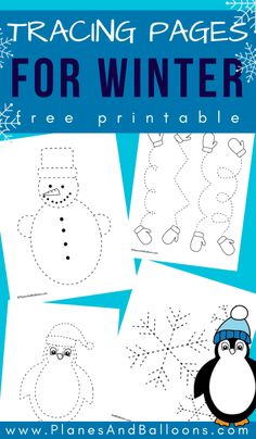 printable winter worksheet for kids with penguins and snowflakes in the background