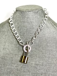 Silver textured Lock & Chain necklace in silver toggle Clear Rhinestone - Patches Of Upcycling Silver Chain Necklace With Lock, Silver Chain Link Necklace With Toggle Clasp, Silver Chain Necklace With Toggle Clasp, Elegant Silver Toggle Necklace With Chunky Chain, Metal Chain Link Necklace With Lock, Silver Toggle Necklace With Metal Chain, Silver Chain Link Toggle Necklace, Silver Chain Toggle Necklace, Silver Metal Necklace With Lock Detail