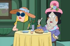 two cartoon characters sitting at a table talking to each other