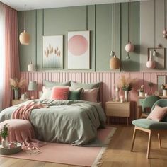 a bedroom decorated in pastel colors with pink, green and grey accents on the walls