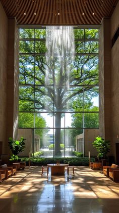 the inside of a building with large windows