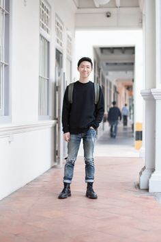 SHENTONISTA: DIY. Andy, Marketing. Top from Topman, Jeans from Adidas. Bag from PORTER, Shoes from Dr. Martens. #theuniformsg #singapore #fashion #streetstyle #style #ootd #sgootd #ootdsg #wiwt #popular #people #male #menswear #sgstyle #minimal #Topman #Adidas #PORTER #DrMartens Boys Fashion Style Teenagers, Indie Men, Movie Date Outfits, Adidas Bag, Bowl Of Ramen, Singapore Fashion, Doc Martens Boots, Popular People