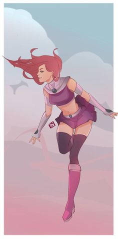 a drawing of a woman with red hair and purple boots running in the air,