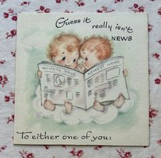 a card with two babies reading a newspaper